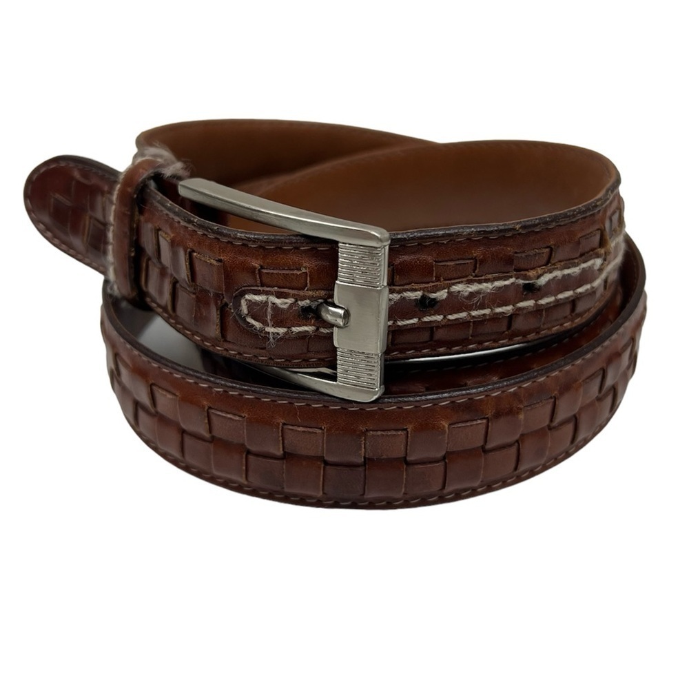 Men's Cognac Brown Leather Square Weave Belt Sz 44